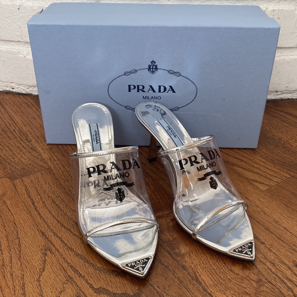 Prada PVC Logo Print Plexiglas High Heel Sandals - Silver